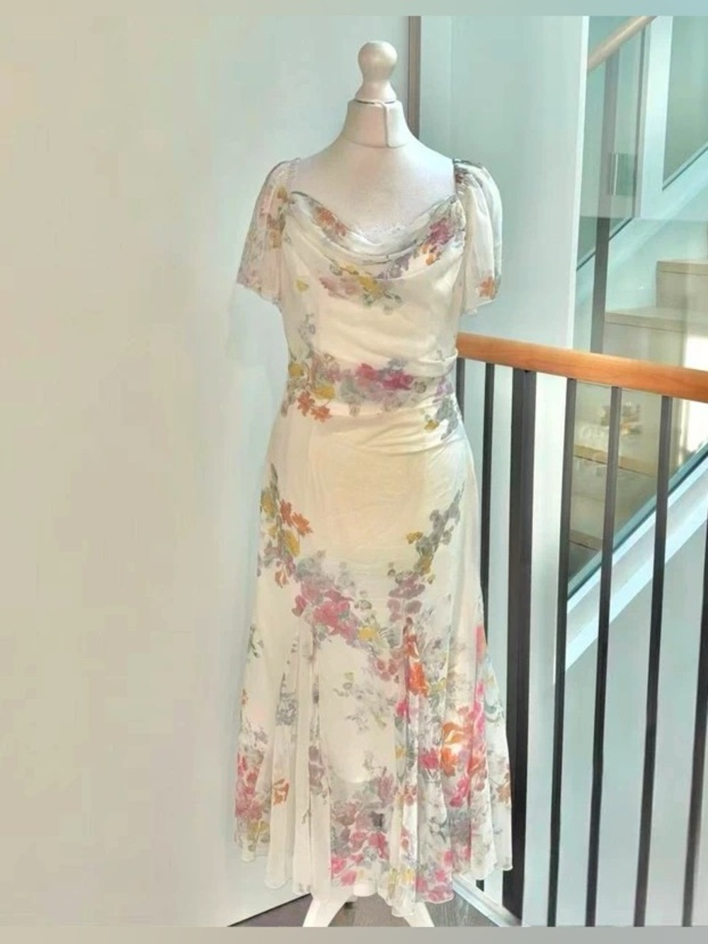 Ivory Floral Cowl Maxi Dress with Delicate Short Sleeves